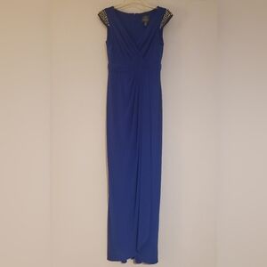 Adrianna Papell Draped Wrap Jersey Beaded Dress Gown Maxi Blue Womens 2 READ